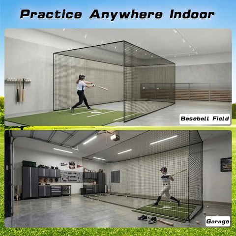 Indoor setup of Baseball And Softball Batting Net 26x16.5ft Replacement For Backyard Batting Cage Practice