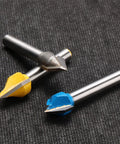 Drop Dead Durable Tungsten Carbide V Groove Router Bit Set For CNC Woodworking features two v-shaped milling cutters in yellow and blue.
