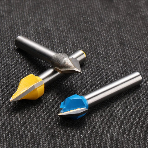 Drop Dead Durable Tungsten Carbide V Groove Router Bit Set For CNC Woodworking features two v-shaped milling cutters in yellow and blue.