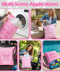 Large Waterproof Travel Laundry Bag Set For Wet Dry Gear, 14.9 By 18.8 Inch Drawstring Pouches, Pink Bow design in use