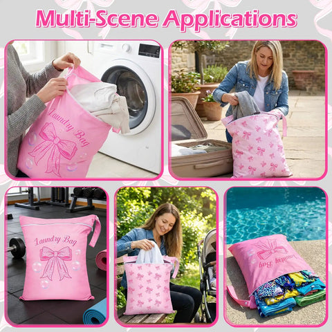 Large Waterproof Travel Laundry Bag Set For Wet Dry Gear, 14.9 By 18.8 Inch Drawstring Pouches, Pink Bow design in use