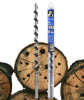 Front view of 1/2-in x 12-in wood auger drill bit with hex shank, shown beside its blue packaging.