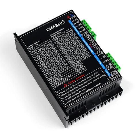 Powerful Digital CNC Stepper Motor Driver For DIY CNC Machining, 2.2A to 8.2A Peak Current, Works With 20-110V AC Or 20-160V DC, Ultra Fast 300KHz Pulse Response, 16 Subdivision Modes (400 to 51200), Easy Setup And Precise Motion Control., black DMA860S stepper driver with green terminal blocks for CNC milling