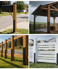Heavy Duty H-Frame Fence Post Repair Kit, Hella Tough Quick Fix For Wobbly Wooden Posts set with steel anchors supporting various wooden structures.
