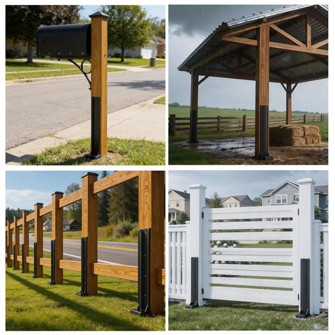 Heavy Duty H-Frame Fence Post Repair Kit, Hella Tough Quick Fix For Wobbly Wooden Posts set with steel anchors supporting various wooden structures.