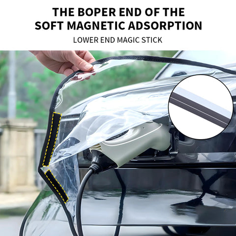 All Black EV Charging Port Protector With Magnetic Guard And Secure Strap Fits Steel Body Rides To Block Grime And Hold Fast Through Daily Commutes And Road Warriors, showing soft magnetic adsorption feature.