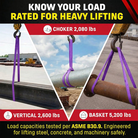 Rock Solid 6 Foot Purple Round Polyester Lifting Sling Rated At 2600 Lbs Vertical And 2080 Lbs Choker Capacity Built Damn Tough For Heavy Industrial Jobs Made Legit Stateside