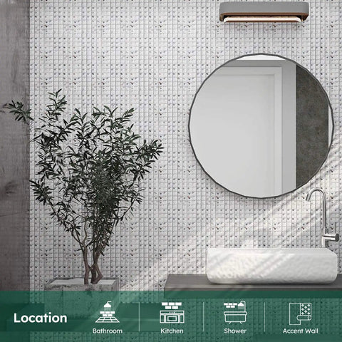 Mirror Glass Mosaic Tile Crystal Diamond Backsplash for Kitchen and Bathroom Walls in a modern bathroom setting.