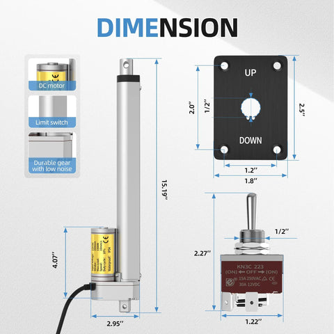 Dimensions of 12V Beefy Fast Linear Actuator With 10 Millimeters Per Second Maximum Speed, 10 Inch Stroke, Heavy Duty 330 Pound 1500N