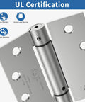 4.5 Inch Self Closing Door Hinges Brushed Nickel 2 Pack Square Spring Hinges showing UL certification and rust-resistant features.