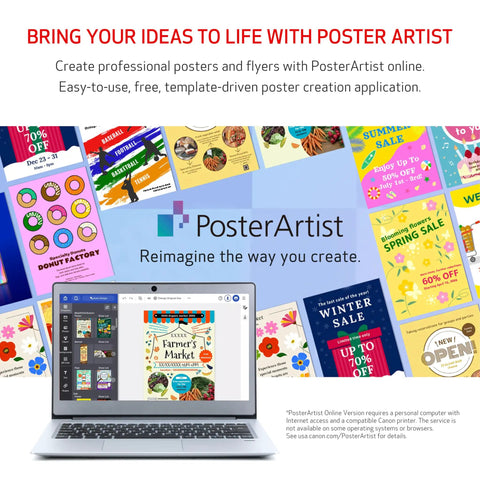 Slick All In One Wireless Color Inkjet Printer With Duplex Printing Auto Document Feeder Breezy Mobile Setup And Alexa Compatibility For Home Office Hustle on laptop showcasing colorful poster designs.