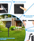 Guide for setting up Extra Long Solar Fairy String Lights 288FT 800 LEDs, showing steps with solar panel and connecting rod for outdoor use.