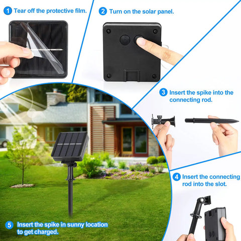 Guide for setting up Extra Long Solar Fairy String Lights 288FT 800 LEDs, showing steps with solar panel and connecting rod for outdoor use.