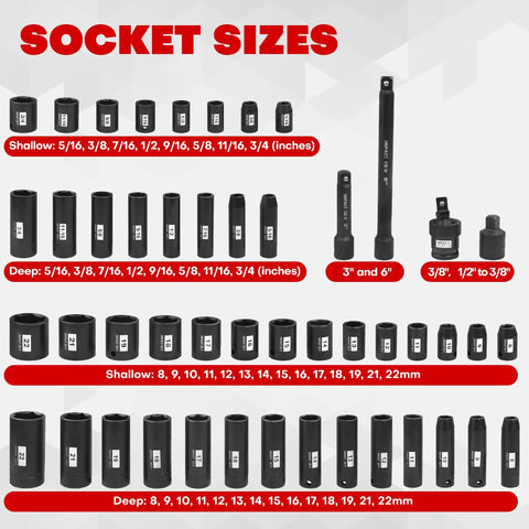 Heavy-Duty 48-Piece Three Eighths Inch Drive Impact Socket Set with SAE and metric sizes, deep and shallow 6-point sockets