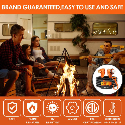 50 Amp RV Power Cord 15 Ft 14-50P To SS2-50R Heavy Duty Generator Extension Cable For Campground Hookups 6/3 And 8/1 Gauge STW Copper With PVC Jacket Weather Resistant. Camping scene with RV cord image and safety icons