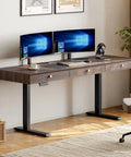 Classic Mid Century Modern Electric Standing Desk 63 Inch with dual monitors and three storage drawers in home office.
