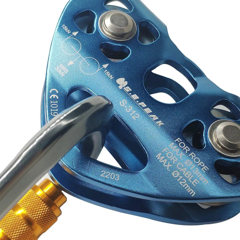 Close-up of a blue 30kN Tandem Speed Double Pulley Zip Line Trolley for Backyard Setups, Heavy Duty Mountaineering Climbing and Rescue Gear