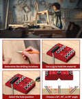 30 45 90 Degree Angle Drill Guide Jig For Hand Drill, showing red jig with multi-angle options and drill bit holes in workshop.