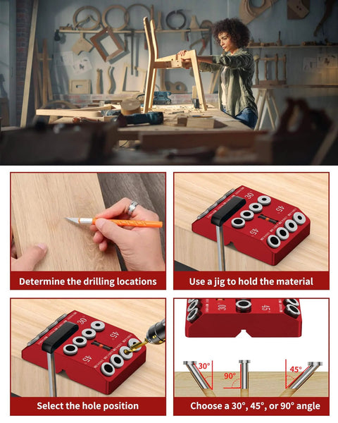 30 45 90 Degree Angle Drill Guide Jig For Hand Drill, showing red jig with multi-angle options and drill bit holes in workshop.