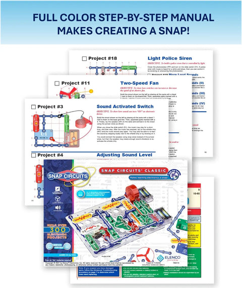 Electronics Exploration Kit With Over 300 Projects And Full Color Manual For Kids 8 Plus A Hands On STEM Toy To Learn Circuit Building And Real World Tech Skills In A Safe Kid Friendly Box, manual pages and Snap Circuits kit