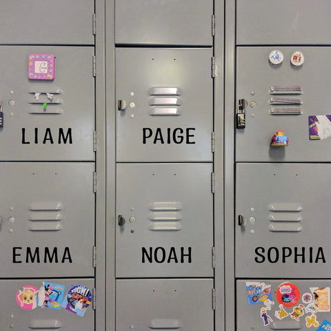 Lockers decorated with black vinyl letter stickers in 1 inch size, naming Liam, Paige, Emma, Noah, and Sophia; self-adhesive