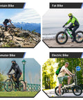 Various bikes including mountain, fat, commuter, and electric models shown in different terrains and environments.