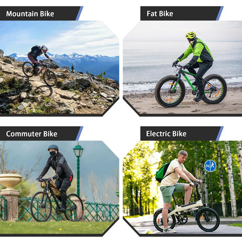 Various bikes including mountain, fat, commuter, and electric models shown in different terrains and environments.