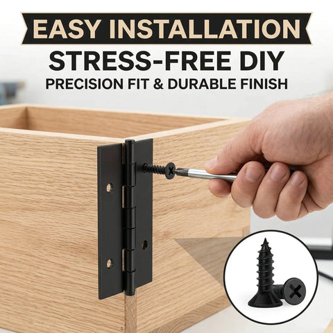 Installation of Heavy Duty No Nonsense 4 Inch Continuous Piano Hinges 8 Piece Set Black Steel on wooden cabinet.