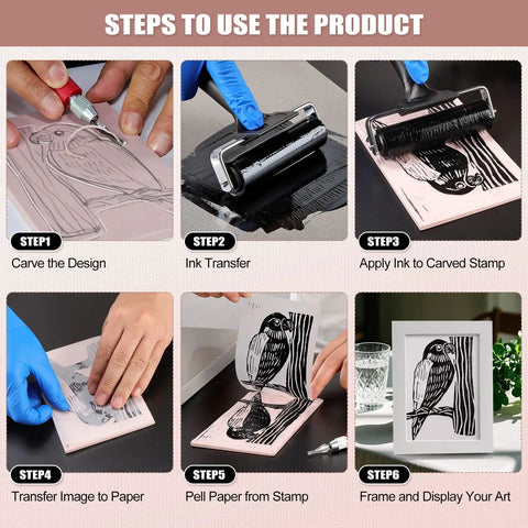 Steps to use All In One Linocut Printmaking Kit With 5 Soft 4x6 Blocks Carving Knife Brayer And 20 Transfer Papers For Beginners And Artists Dope Starter Kit For Block Printing And Stamp Making Projects