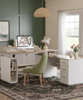 L Shaped Electric Standing Desk With Light Walnut Finish Built In File Cabinet And Spacious Shelving height adjustable in home office.