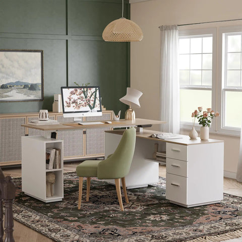 L Shaped Electric Standing Desk With Light Walnut Finish Built In File Cabinet And Spacious Shelving height adjustable in home office.