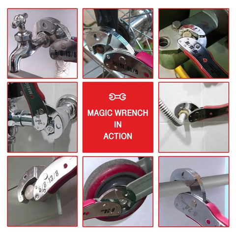 Multi Function Auto Adjusting Ratcheting Wrench With Double Heads And Reversible Gear Crescent Style Nut Gear Wrench Set shown in various uses