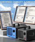 Two high capacity ozone generators for odor elimination in homes, cars, and pets up to 2000 sq ft, with certification documents displayed.