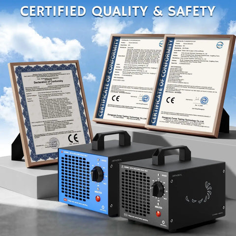 Two high capacity ozone generators for odor elimination in homes, cars, and pets up to 2000 sq ft, with certification documents displayed.
