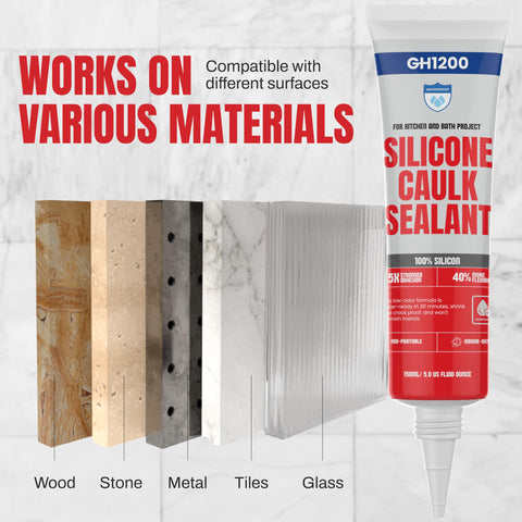 Clear Silicone Caulk Sealant For Kitchen And Bathroom, Waterproof And Crack Proof, Indoor Outdoor Use, 150 Ml Tube next to materials