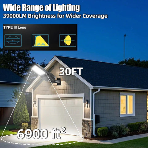 Crazy Bright 300W LED Parking Lot Light With Adjustable Arm Mount illuminating a residential driveway and garage