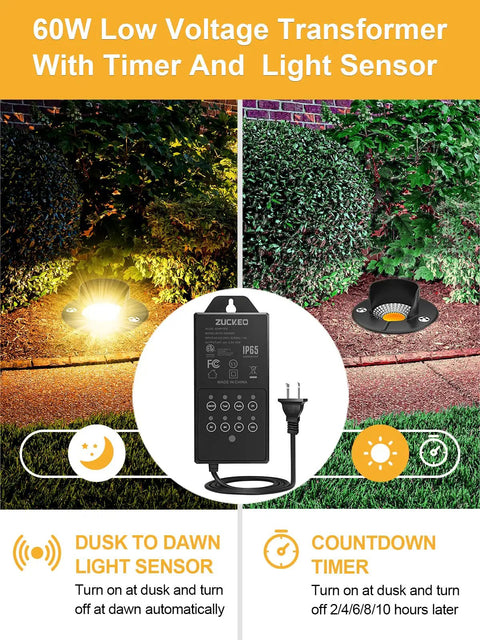 Low Voltage Outdoor Inground Lights Kit 12 Pack 5W Well Lights with 60W transformer for dusk and dawn light sensor features