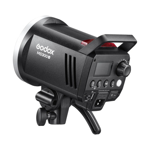 Rear view of MS300-V Compact Studio Strobe Flash Light With 300W Power GN58 0.1-1.8S Recycle Time 2.4G X System Bowens Mount.
