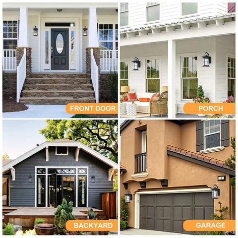 Four images showing Smart Dusk To Dawn Outdoor Wall Light Fixture With Auto Sensor on front door, porch, backyard, and garage.