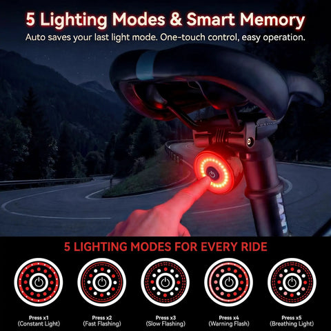 Real Time Bike GPS Tracker Tail Light With Apple Find My Compatibility showing 5 light modes under bike seat at night