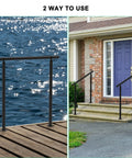 Tight Grip Hand Rails For Outdoor Steps Two Pack adjustable stair railing kit shown by a dock and front entrance steps.