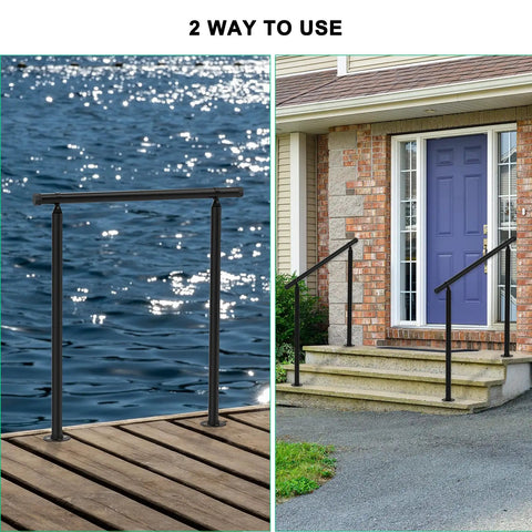 Tight Grip Hand Rails For Outdoor Steps Two Pack adjustable stair railing kit shown by a dock and front entrance steps.