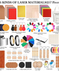 Dunzoom 257-piece laser material kit front collage showing acrylic sheets, wood, felt, PU leather, metal, glass, rock and rubber materials.
