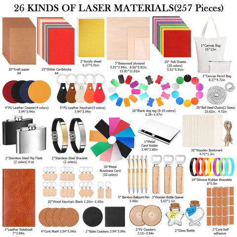 Dunzoom 257-piece laser material kit front collage showing acrylic sheets, wood, felt, PU leather, metal, glass, rock and rubber materials.
