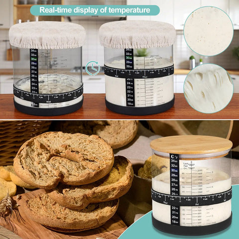 66 Oz Wide Mouth Sourdough Starter Jar Kit with Easy Read Ounce and ML Scale Lines, cloth cover, and bamboo wood lid.