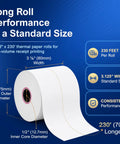Three Eighths Inch By 230 Feet Thermal Receipt Paper Rolls BPA Free For High Speed POS Printing, pack showing specifications