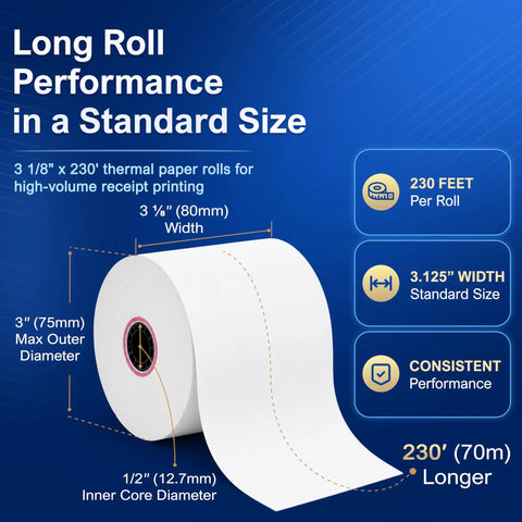 Three Eighths Inch By 230 Feet Thermal Receipt Paper Rolls BPA Free For High Speed POS Printing, pack showing specifications