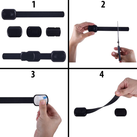 Six Pack Kid Safe Cabinet Locks With Tough 3M Adhesive No Drill installation steps showing the adjustable black strap
