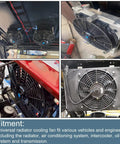 Universal 7 Inch Slim Radiator Cooling Fan With Ten Rugged Blades And 12 Volt Electric Push Pull Layout installed in vehicle engine bay.