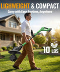 Man carrying 20V Cordless Garden Tiller Cultivator with 4 by 12 steel tines, 8 inch till depth, lightweight and compact design.